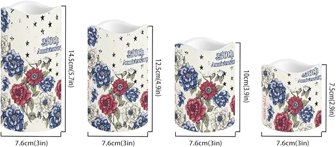 250th National Independence Day Battery Operated Candles Floral Print Fake Candle Remote Control 1776-2026 Flameless Candles Patriotic Decorations for Home, 4 Pack