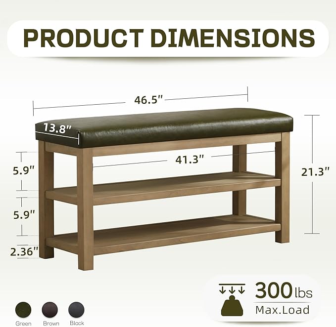 Shoe Rack Bench with Leather Cushion, 2 Tier Solid Wood Storage Bench, Mid-Century Modern Shoe Bench for Entryway, Hallway, Closet, Front Door Entrance, Foyer (Green, 46.5)