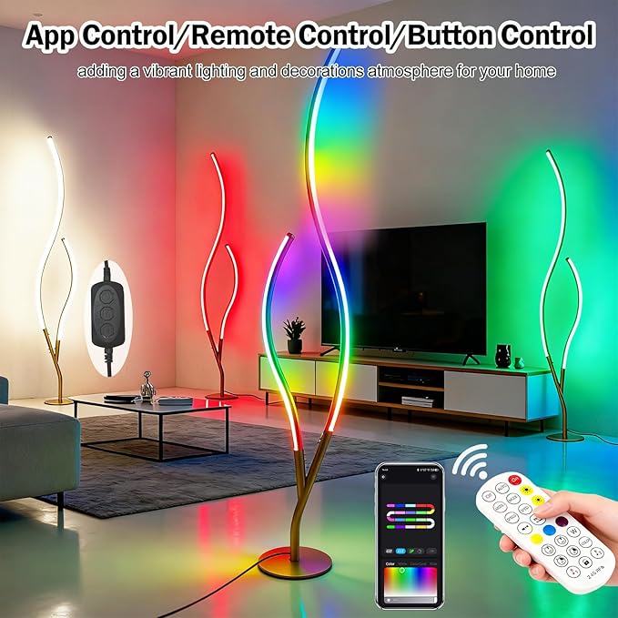 DAYCENT RGBWIC Floor Lamp Modern LED Corner Lamps 1500 Lumen Smart Floor Lamps with Remote and 16 Million DIY Colors, Music Sync Standing Lamp for Living Room Bedroom Home Decor, Gold Finish