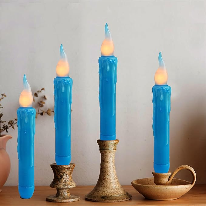 Magical Candlesticks Flameless Taper Candle, 4pcs Real Wax LED Tapered Candles Remote Dipped Candle 6inch Battery Chandelier for Enchanting Weddings and Harry Potter Inspired Vigils(Blue)