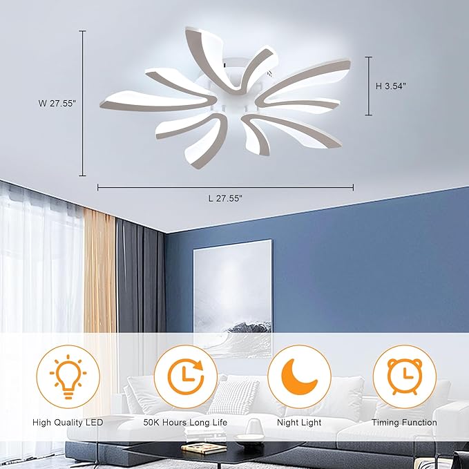 Goeco Modern Ceiling Light, 27.5'' Dimmable LED White Acrylic V-Shaped Flush Mount Ceiling Lights, 3000K/4000K/6500K with Remote Control Ceiling Light Fixture for Living Room, Dining Room, Bedroom