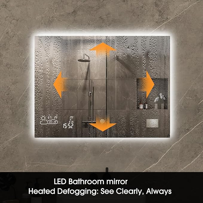 BYECOLD Smart Bathroom Mirror with Bluetooth Wi-Fi Enabled Weather Display, 48”X 24” Fog Free, LED Light Vanity Mirror Backlit Frameless Lighted Touch Sensor Makeup for Wall - Horizontally Hang Only
