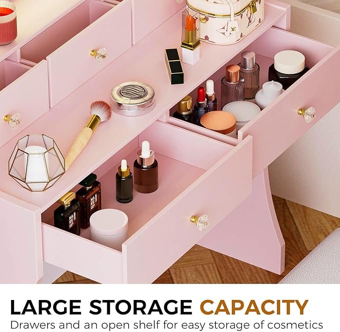 COMHOMA Makeup Vanity Desk with Mirror and Lights, Vanity Table and Chair Set with 5 Drawers and Charging Station, Bedroom Dresser LED Mirror Stepless Dimmable & 3 Color Modes Adjustable, Pink