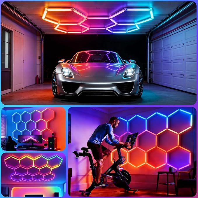 HYPERLITE Hexagon Garage Lights: 11 Grid RGB Hexagon LED Lights with Music Sync Mode, App & Remote Control, Multi-Color Honeycomb Light for Gaming Room, Gym, Garage