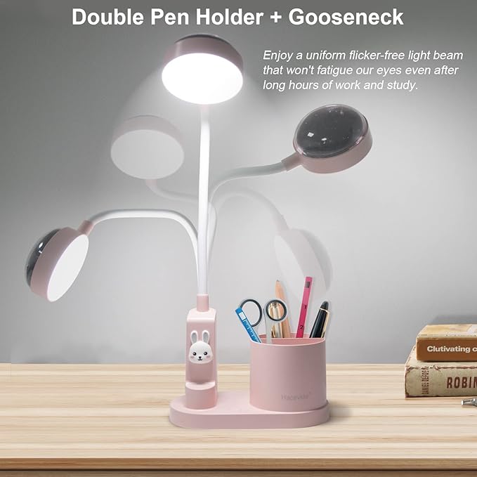 Cute Pink Rabbit Lamp for Kids Reading Study - Star Projector/Pen Holder/3 Brightness/Eye Caring, Rechargeable Led Table Desk Lamp for Home Office Dorm Decor, Ideal Birthday Christmas Gifts