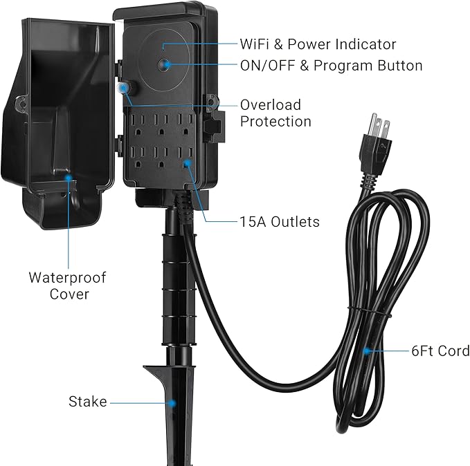 DEWENWILS WiFi Outdoor Outlet Timer, Smart Yard Stake Plug with 6 Outlets, Outdoor Extension Cord 25FT