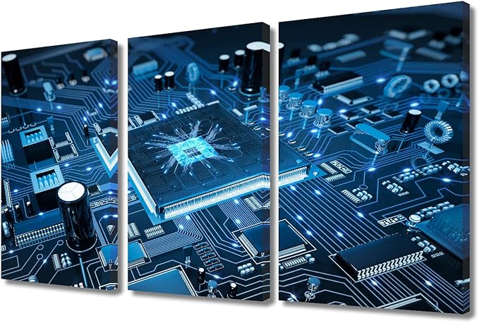 Circuit Board Wall Decor 3 Panels Motherboard Digital Chip Pictures Wall Decor for Bedroom Information Technology Artwork Posters and Prints Wall Decor Living Room Framed Ready to Hang (36"Wx24"H)