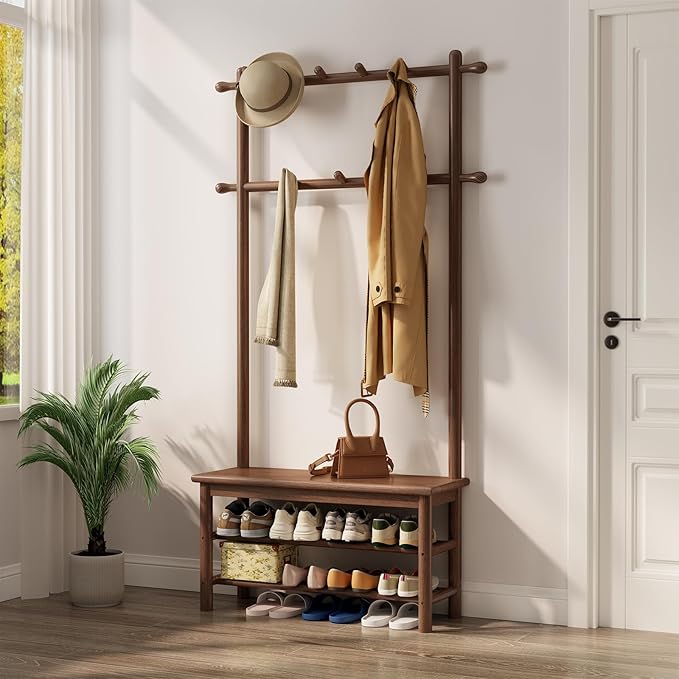 AQIMUELE Coat Rack with Shoe Storage, Wooden Hall Tree with Bench, 11 Hooks and 2-Tier Storage Shelves, 3-in-1, Entryway Bench with Coat Rack (31.5"-Walnut)