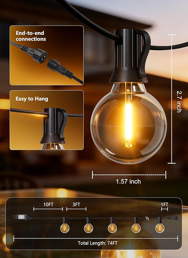 Brightown Outdoor String Lights, 74FT Shatterproof LED Patio Lights with 22 Dimmable Plastic G40 Bulbs, 2700K Waterproof Connectable Hanging String for Backyard, Cafe, Porch, Deck, Home Decor