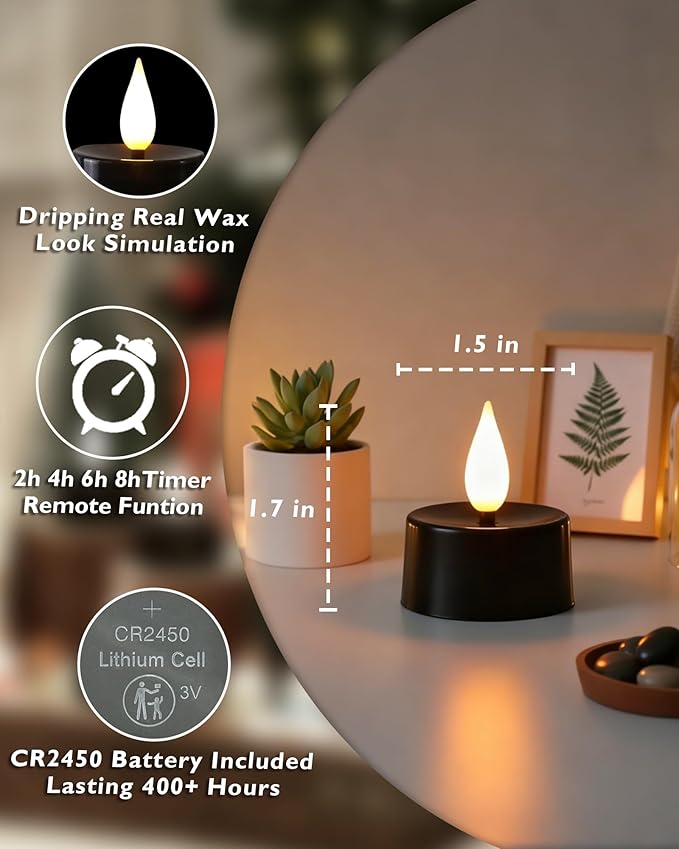 Amagic Flameless Black Timer Remote Tealights Candles, 3D Black Wick Flickering Tea Lights, 300+Hour Colored Votive Candles Battery Operated, Set of 12 for Table Decorations, Pumpkin, Halloween, Party