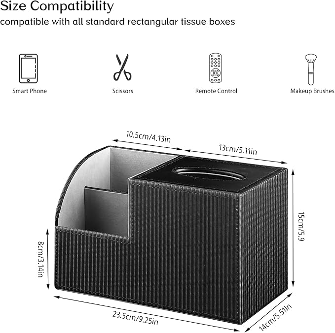 Fanousy Tissue Box Cover Square with Storage, PU Leather Cube Tissue Box Holder, Multifunction Remote Control Nightstand Organizer, Modern Desk Caddy for End Table, Bathroom, Home, Office Decor