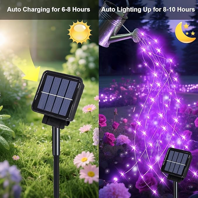 VOOKRY 10 Strands 200 LEDs Solar Fairy Lights Outdoor Waterproof, Solar Powered String Lights 8 Modes DIY Watering Can Lights for Party Wedding Patio Yard Garden Tree Decorations(Purple)