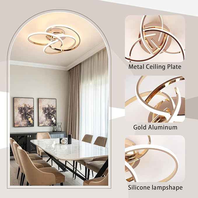 CANEOE Modern LED Ceiling Light Fixture, 42W Gold Dimmable Flush Mount Ceiling Light with Remote Control, Curve Design Close to Ceiling Lamp for Bedroom Living Dining Room Kitchen