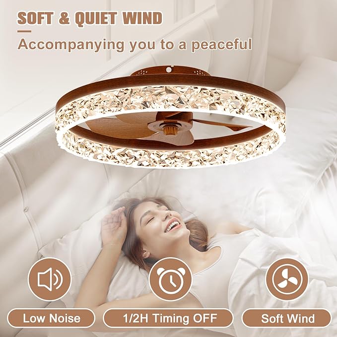 VOLISUN Farmhouse Ceiling Fans with Lights and Remote, 19.7in Low Profile Ceiling Fan Flush Mount, 3000K-6500K Dimmable Bladeless Fandelier Ceiling Fans with Lights for Bedroom(Walnut)