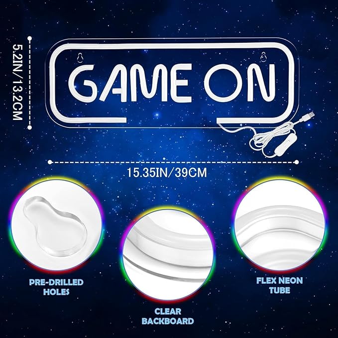 GAME ON LED Neon Sign for Wall Decor USB Adjustable Brightness Living Room Bars Barbers Pub Wedding Party Salon Club Gatherings Gaming Room Man Cave Halloween Christmas Birthday Art Wall Decor