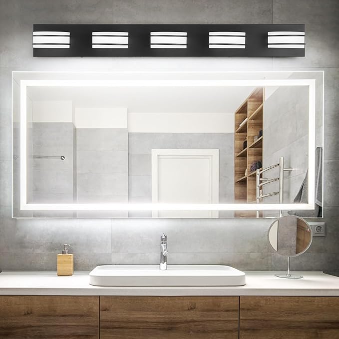 3 Color Temperature Dimmable Bathroom Light Fixtures Over Mirror, LED Black 5 Light Vanity Lighting Fixtures, Acrylic Stainless Steel Oval Shade Vanity Lights for Bathroom, ETL Certificated