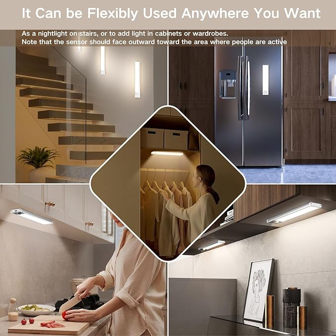 Motion Sensor Under Cabinet Lighting-Magnetic Rechargeable Closet Lights for Kitchen,Stairs,Wardrobe | 3-Color Dimmable LED Under Counter Lighting | Cord-Free Light Bars (9.5inch-2Pack)
