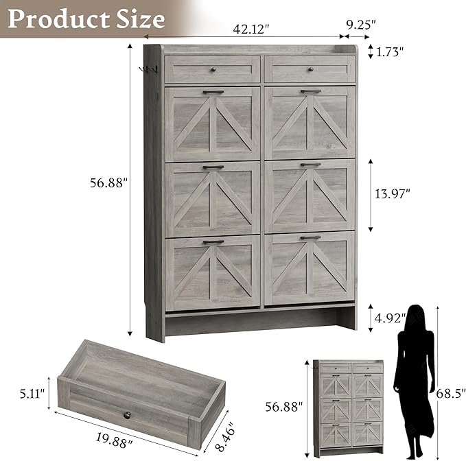 Shoe Cabinet for Entryway, Farmhouse Shoe Storage Cabinet with 6 Flip Drawers and 2 Top Drawers, Tall Narrow Shoe Organizer Cabinet with Adjustable Shelves, Side Hooks and Anti-Tip Kit