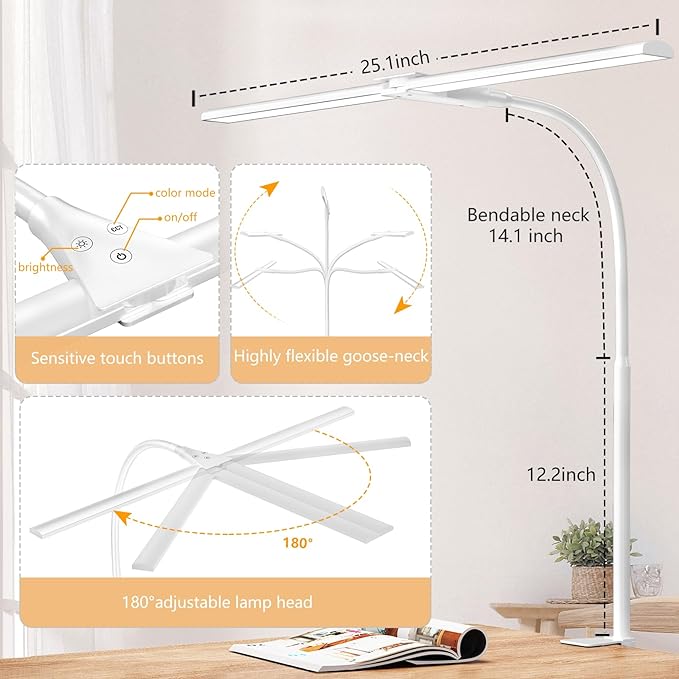 EppieBasic LED Double Head Architect Lamps, Extra Bright Workbench Office Lighting, Eye Protection Modern Desk Light for Monitor Working Reading White 1200LM
