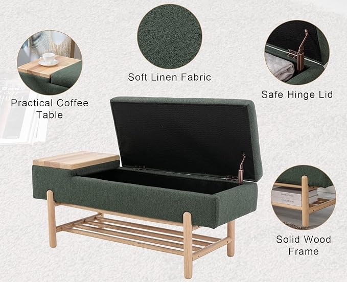 Modern Entryway Storage Bench, Upholstered Shoe Ottoman Bench, Flip-Top End of Bed Bench with Wood Shelf/Coffee Table for Living Room/Bedroom/Hallway/Under Window,46.5 Inches,Green Linen