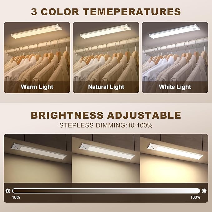Under Cabinet Lighting 2 Pack, Wireless Motion Sensor LED Light, USB Rechargeable, Remote Control, 3 Color Dimmable, Magnetic Mount, Timer Function, 8-50 Days Runtime for Kitchen Cupboard Closet