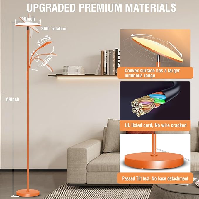 Orange Floor Lamps for Living Room, 44W/4500LM Super Bright 2 in 1 LED Floor Lamp with Remote, Stepless Dimmable