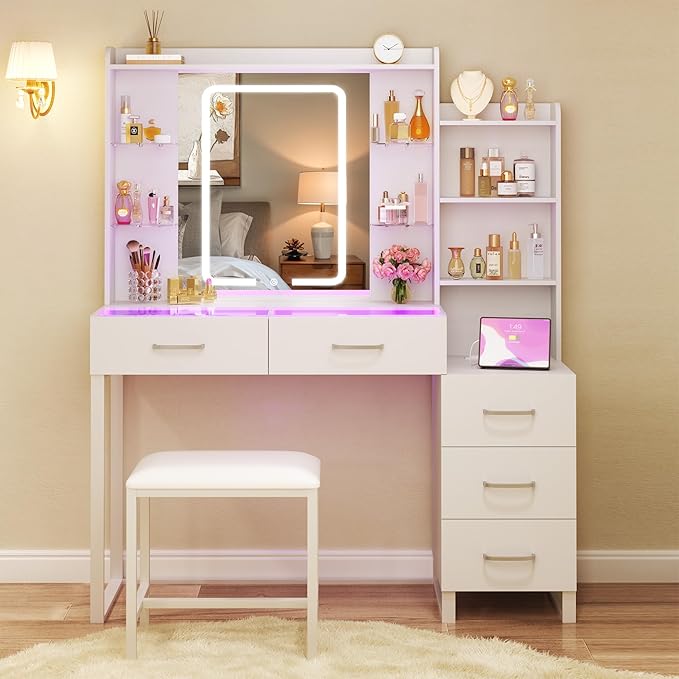 Vanity Desk with Mirror and Lights 3 Colors, 43.3" Makeup Vanity with Glass Top & RGB Light, White Vanity Table Set with Stool, 5 Drawers & Power Outlet for Bedroom Dressing Room