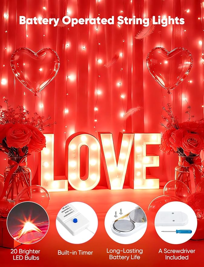 Minetom 12 Pack Red Christmas Lights, 7ft 20 LED Fairy Lights Battery Operated String Lights, Valentines Day Decorations, 8 Modes Waterproof Silver Wire Twinkle Lights, Valentine's Day Lights