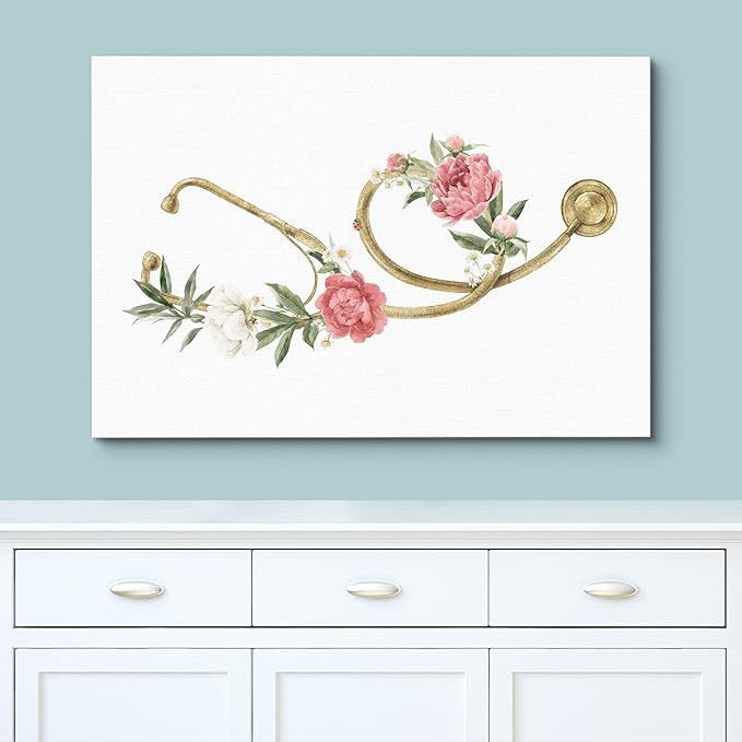 wall26 Canvas Print Wall Art Gold Doctor's Stethoscope Rose Flowers Medical & Hospital Health Illustrations Modern Art Floral Botanical Colorful Decorative for Living Room, Bedroom, Office - 32"x48"