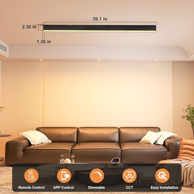 Modern LED Ceiling Light with Remote, Black Dimmable Close to Ceiling Lamp Fixtures, 30W CCT (2700K-6000K), Smart Linear Ceiling Lights for Living Room Office Hallway Kitchen(39.1inch)