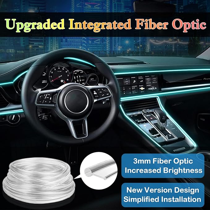 Interior Car LED Strip Lights, RGB 6 in 1 Ambient Lighting Kit with 315 inches Integrated Fiber Optic, 16 Million Colors Car Interior Lights with Wireless APP& Remote Control, Sync to Music