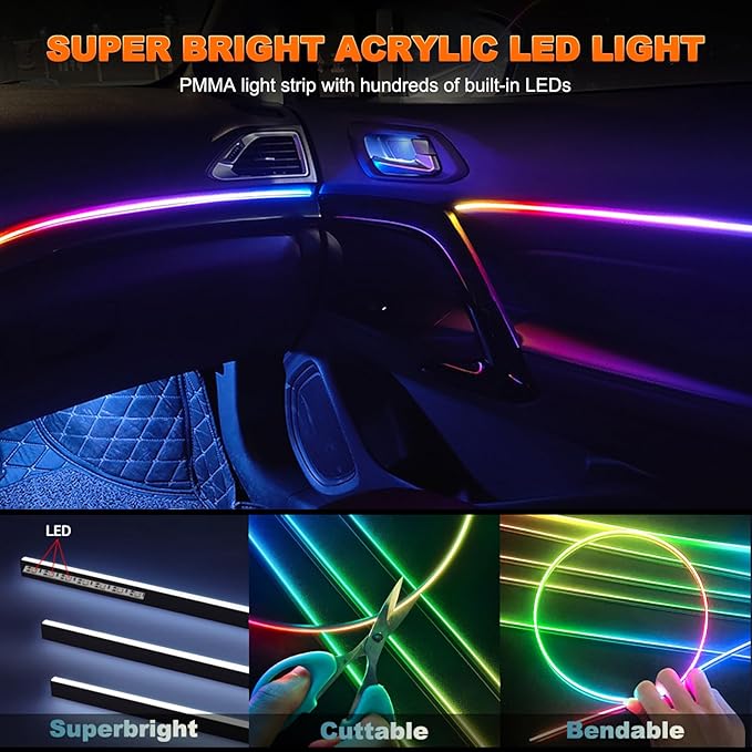 Interior Car LED Strip Lights, Acrylic LED Lights for Car with Dynamic Dreamcolor Chasing, Ambient Lighting Kits Music Sync Wireless APP and RF Remote Control (8 in 1)