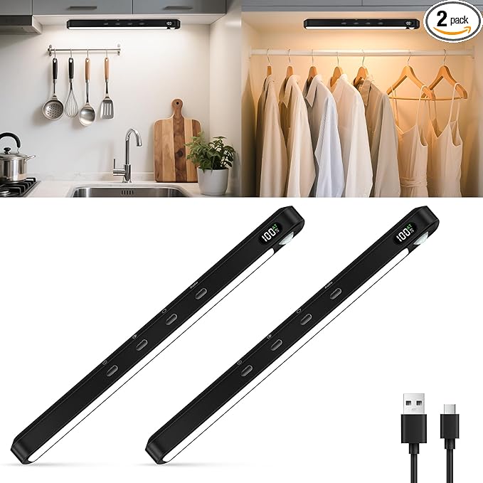 WILLED Under Cabinet & Closet Lights, Motion Sensor, Rechargeable, Magnetic, 3 Color Temps, Dimmable LED Light Bar for Indoor Kitchen Counter (2 Pack, Black)