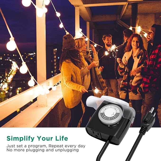 G-Homa [Enhanced] Outdoor Timers, Mechanical 24 Hour Timer Outlet, Outdoor Light Timer Waterproof with Protective Cover, 18 in Cord, 15A 3/4HP, CSA Listed, Ideal for Engine Block Heater, Pool Pump