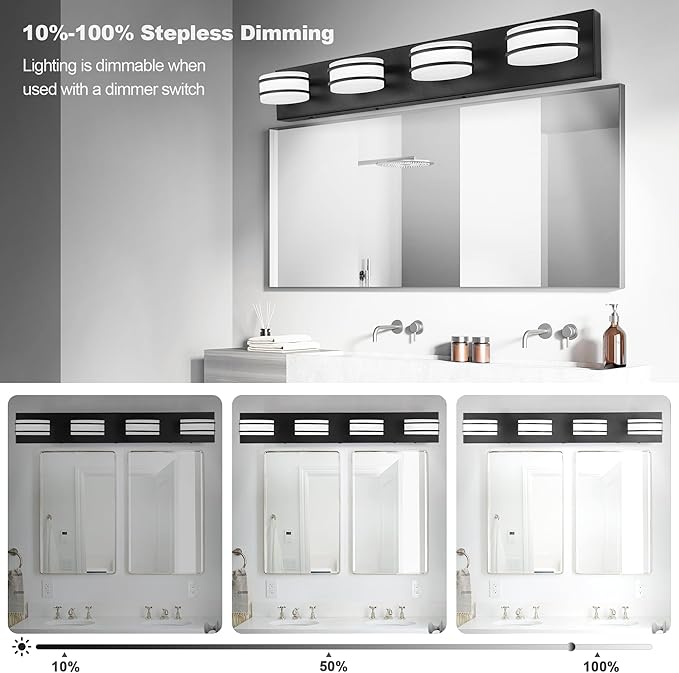 3 Color Temperature Dimmable Bathroom Light Fixtures Over Mirror, LED Black 4 Light Vanity Lighting Fixtures, Acrylic Stainless Steel Oval Shade Vanity Lights for Bathroom, ETL Certificated