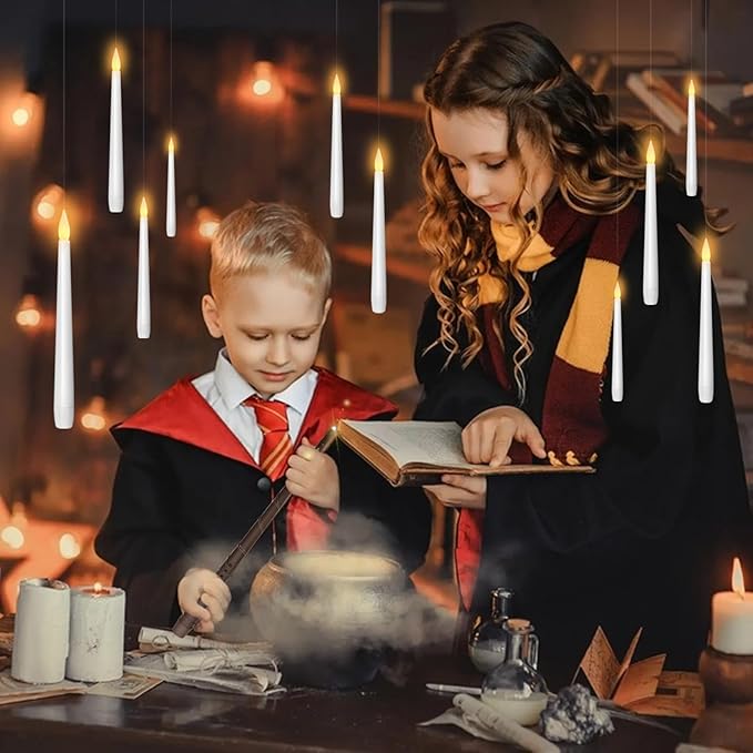Flameless Floating Candles with Wand，20 Pcs Magic LED Hanging Taper Candles，Flickering Battery Operated Taper Candle with Wand Remote for Halloween Decorations Best Gift（White）
