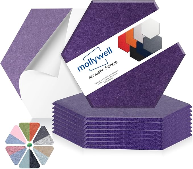 Mollywell Hexagon Acoustic Panels 14x12 - Reduce Echo & Reverb, Noise Blocking Wall Tiles for Studio & Bedroom, Violet Sound Absorbing Panels