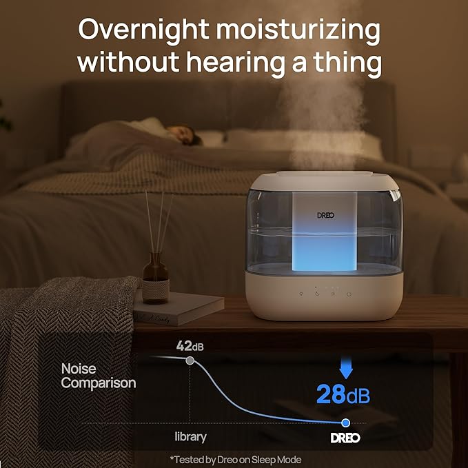 Dreo Humidifiers for Bedroom, 4L Top Fill for Large Room, 36H Runtime, 28 dB Quiet Supersized Cool Mist Air Humidifier for Baby Nursery, Plants, Indoor, Night Light, Easy to Clean & Fill, Gray