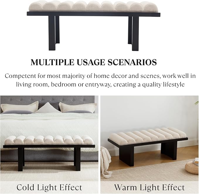 Modern Bedroom Bench, 47 Inch Upholstered End of Bed Bench Padded Entryway Bench with Cylindrical Cushion/Black Wood Legs, Wooden Ottoman Bench for Living Room, Hallway, Linen Beige