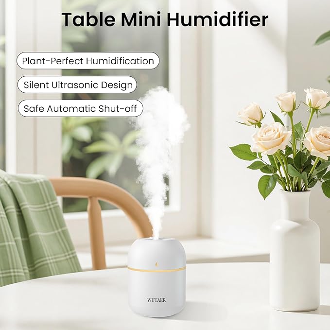Portable Small Humidifier, WUTAER USB Personal Desktop Humidifier for Car, Office Room, Bedroom, Auto Shut-Off, 2 Mist Modes, Super Quiet(220ml, White)