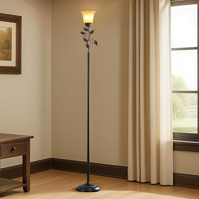 RORIANO 72” Flower Farmhouse Floor Lamp for Living Room, Unique Rustic Leaf Tall Standing Lamp with Amber Glass Shade and Traditional Foot Switch for Bedroom, Corner, Office, Bulb Included (Bronze)