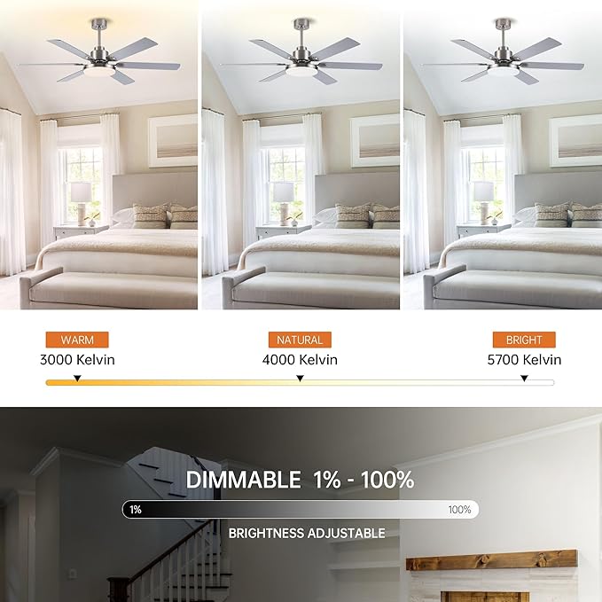Parrot Uncle Ceiling Fans with Lights and Remote, 60 Inch Modern Fan Ceiling with Light for Bedroom Large Outdoor Ceiling Fans for Patios, Dimmable LED Chandelier, 6 Reversible Blades, Brushed Nickel