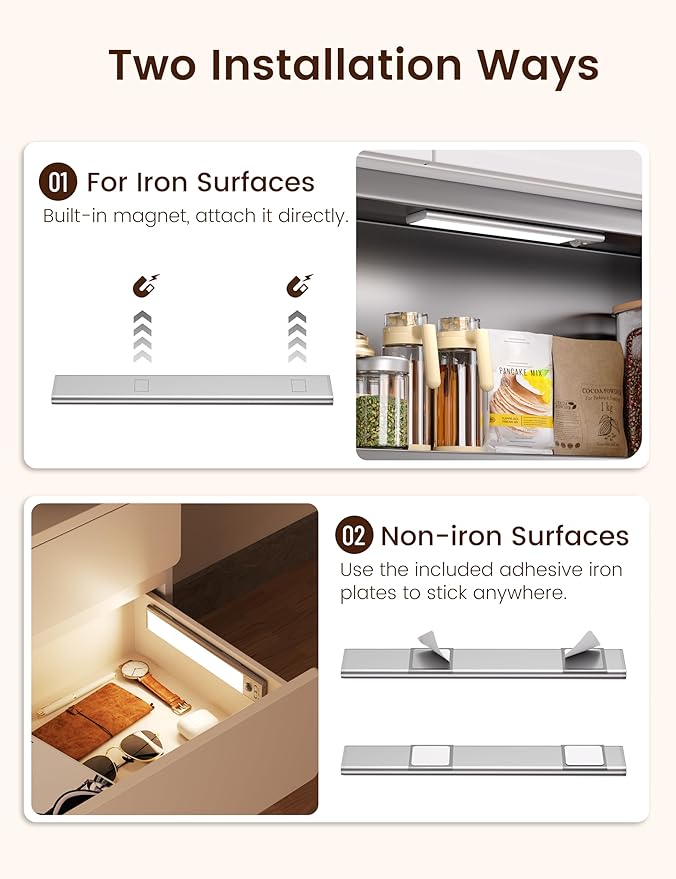 Joyzy 2 Pack 66 LED Motion Sensor Closet Lights, 9.2’’ Rechargeable Under Cabinet Lighting Magnetic 3 Color Temps & Dimmable Under Counter Light Motion Activated Pantry Light (110 Lumen)