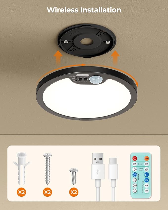 BLNAN Rechargeable Shower Light Indoor, 7000mAh Motion Sensor Wireless Ceiling Light with Remote, Battery Operated Ceiling Light, LED Overhead Lighting for Pantry Bathroom 2 Pack