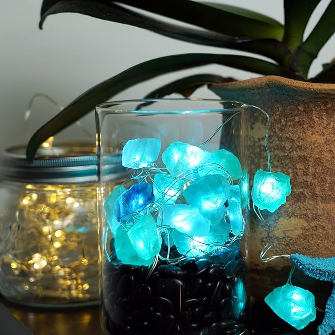 BOHON Natural Fluorite String Lights Battery Operated with Remote Sea Glass Raw Stones Decorative Lights 6.5ft 20 LEDs for Bedroom Party Indoor Christmas Wedding Decor