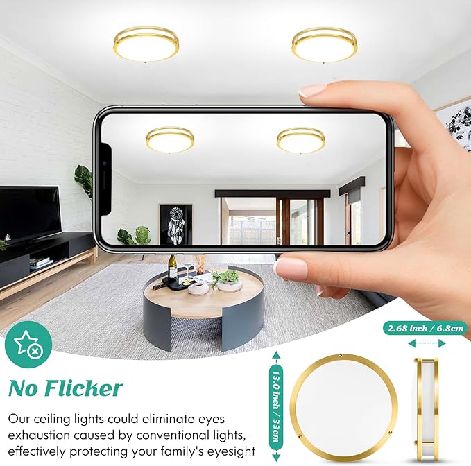 Brightever 13 Inch LED Ceiling Light Fixture, 36W 4400Lm Flush Mount Ceiling Lights, Dimmable 5CCT 2700K/3000K/4000K/5000K/6500K, Super Bright Modern Bedroom Lamps for Kitchen Hallway, Gold, 2 Packs