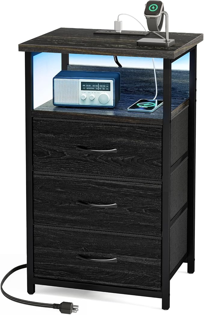 Fixwal Night Stand with Charging Station, LED Nightstand with Fabric Drawers, End Table with PU Finish, Bed Side Table, Black Oak