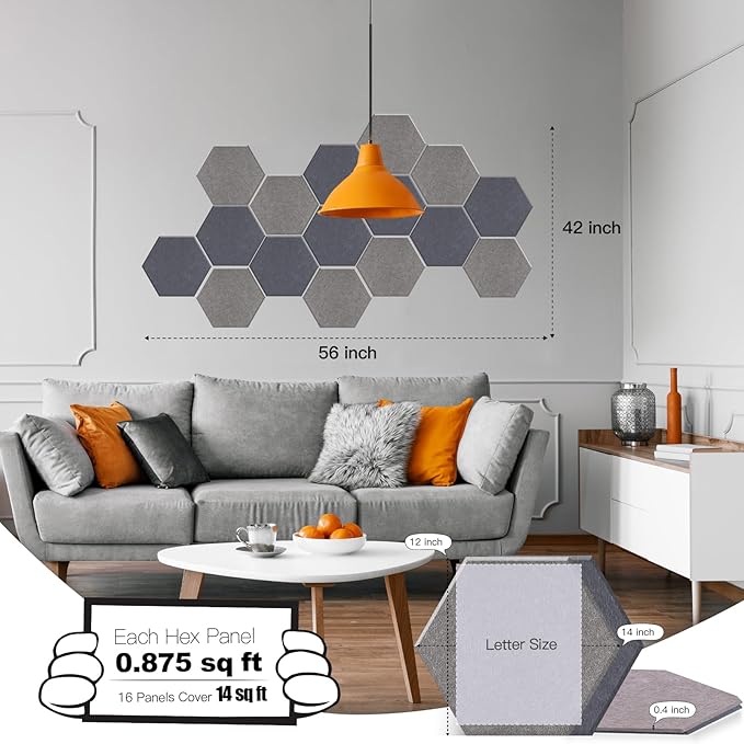 Mollywell Hexagon Acoustic Panels 14x12 - Reduce Echo & Reverb, Noise Blocking Wall Tiles for Living Room & Studio, Afraica & Moon Gray Sound Absorbing Panels
