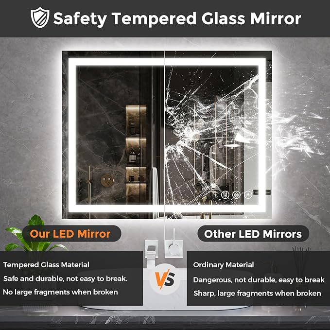 Koonmi 30x36 LED Bathroom Mirror, Backlit + Front Lit, LED Bathroom Mirror with Lights for Wall, 3 Colors, Anti-Fog, Dimmable Brightness, Memory Function, Tempered Glass