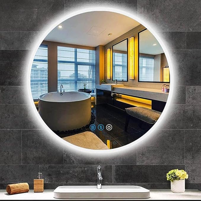 24 Inch Round Lighted Vanity Mirror with Lights Smart Memory Anti-Fog Adjustable Brightness 3 Color Backlight 24" Frameless LED Circle Round Backlit Mirror for Bathroom Hotle Wall Mounted